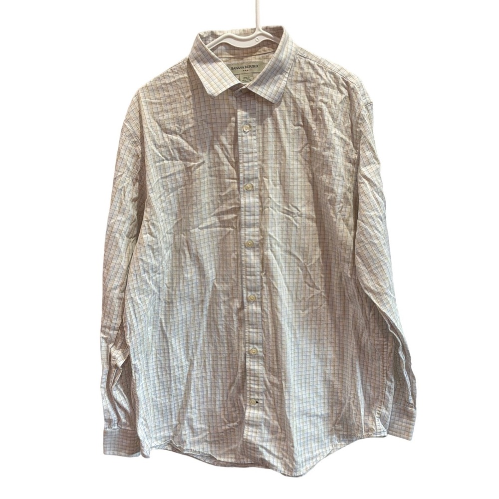 Banana Republic Mens XL Button Down Shirt Tan Blue Grid Plaid 100% Cotton LS